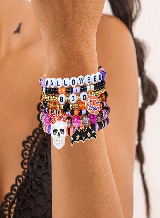 BuQueHM 7pcs Halloween Bracelets for Women Heishi Surfer Bracelet Boho Stackable Stretch Halloween Jewelry with Spooky Pumpkin Charms Perfect Halloween Party Favors - Image 4